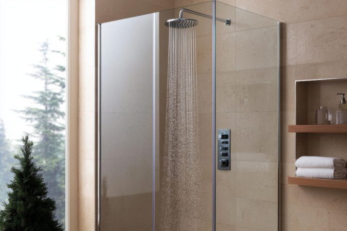 Une cabine de douche vitrée moderne avec un système de douche sécurisée en fonctionnement, eau coulant d'un grand pommeau, et des commandes murales