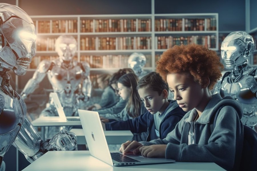 Des élèves travaillant sur des ordinateurs portables aux côtés d'assistants robotiques futuristes pour comprendre comment intégrer les assistants IA en classe sans enfreindre la loi Éducation 2026.
