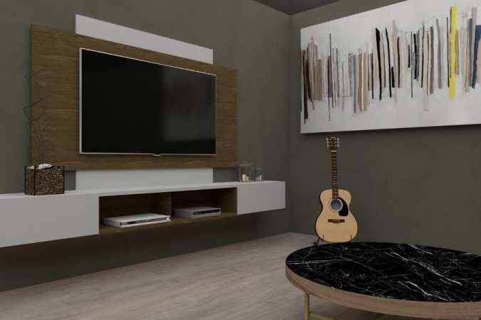 Un meuble TV suspendu bicolore, bois et blanc, équipé d'une grande télévision murale dans un salon moderne.