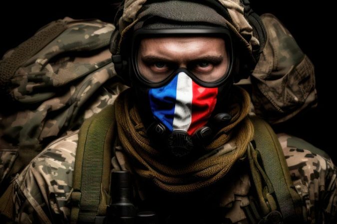 Soldat équipé en tenue tactique portant un masque tricolore symbolisant l'honneur de la médaille militaire.