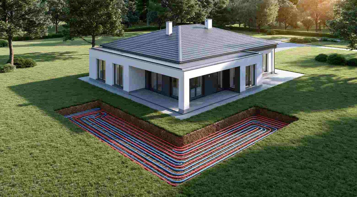 Schéma en coupe montrant les capteurs horizontaux d'une pompe à chaleur enterrés dans le jardin d'une maison moderne pour estimer le prix installation chauffage géothermie